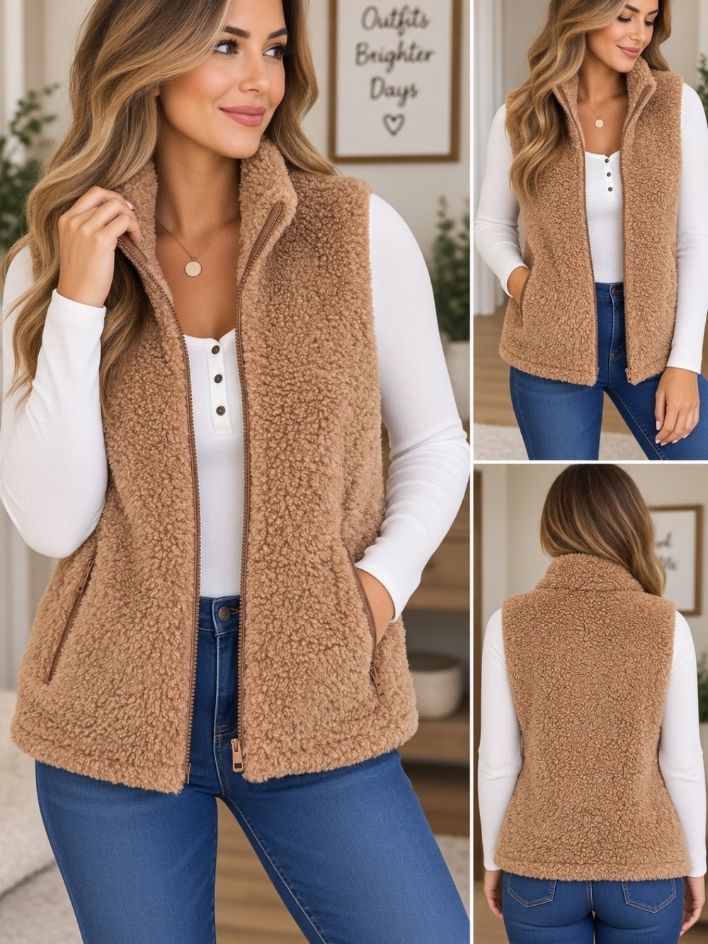 Women's Teddy Sherpa Zip-Up Vest in Tan